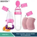 Pack Of 3 Baby Silicone Squeeze Spoon Feeder With Baby Fruit Pacifier and Baby Kneepad For Crawling Baby Feeders